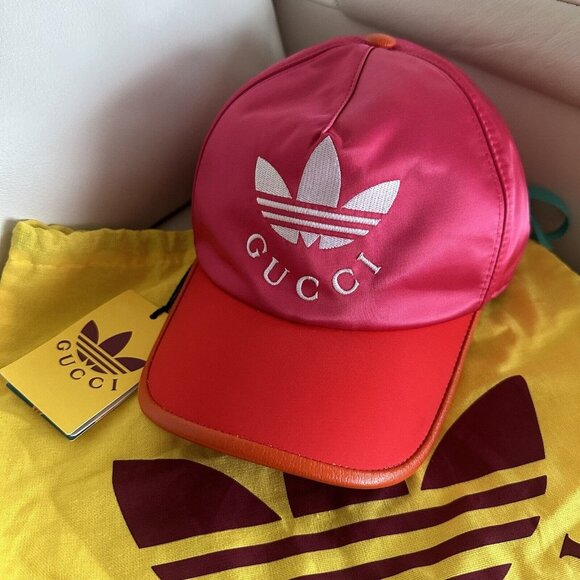 NWT Gucci X Adidas SATIN PINK RED BASEBALL CAP Hat NEW Size L Unisex - Picture 1 of 8